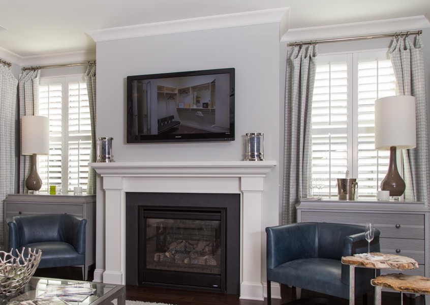 living room Dover faux wood shutters